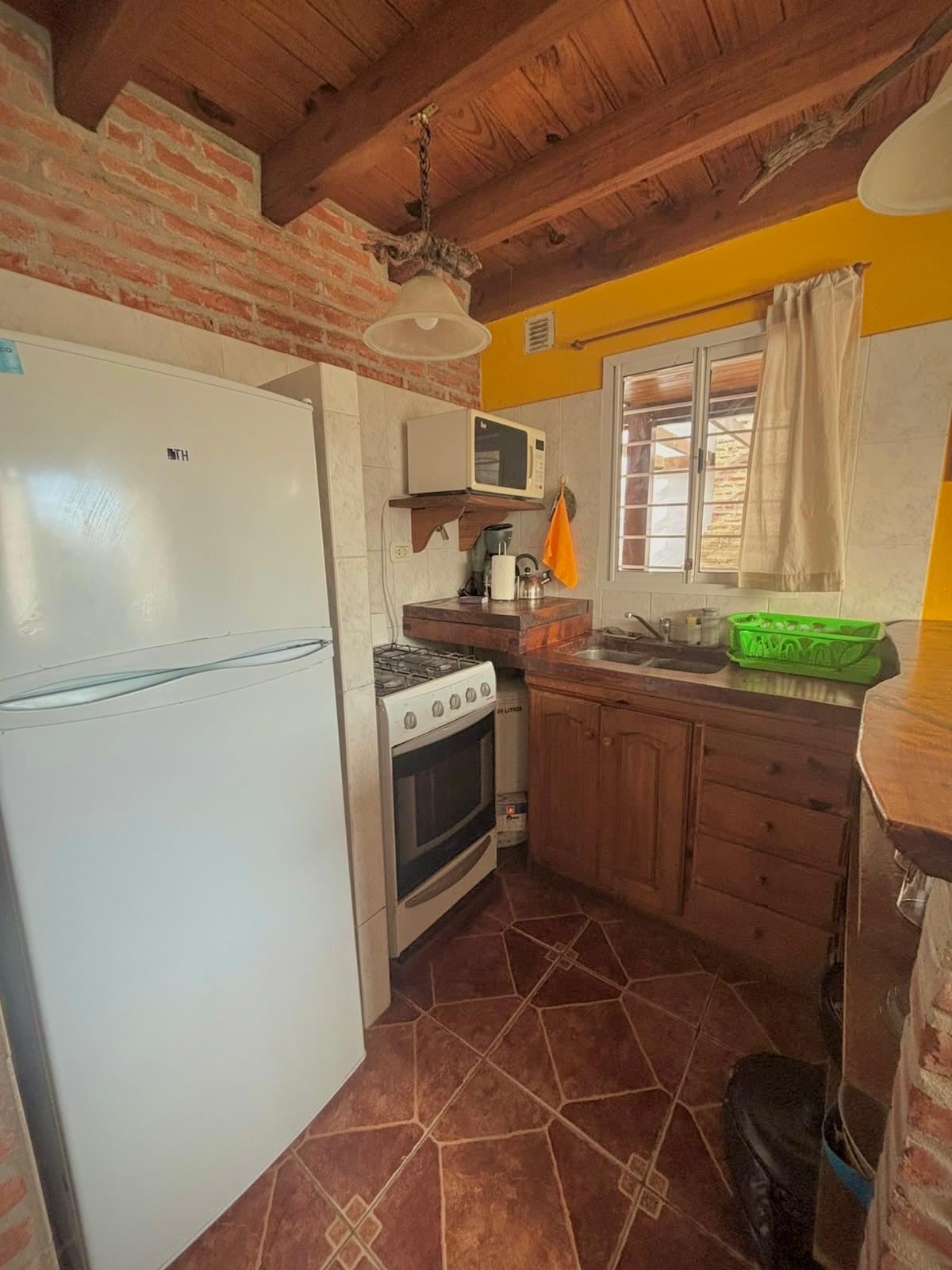 Kitchen equipped with fridge, oven and microwave