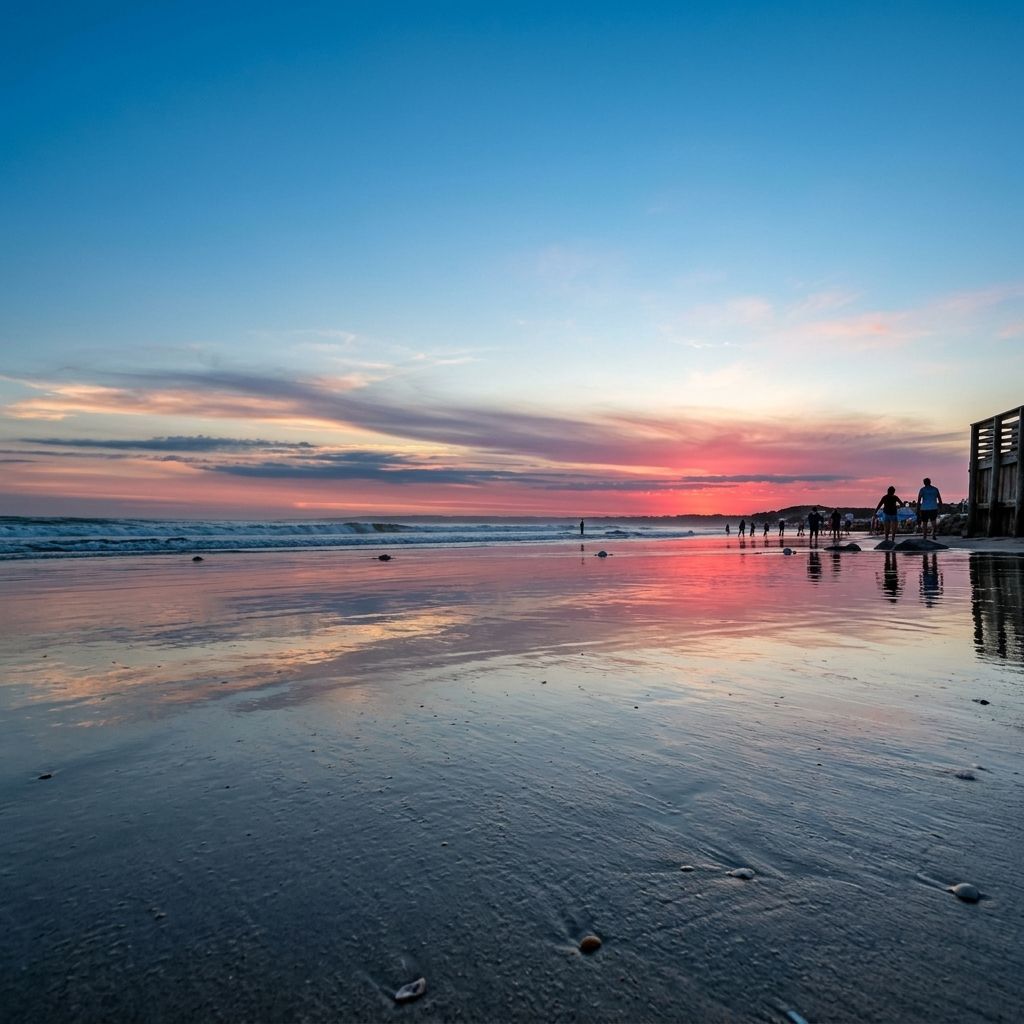 Pink sunset over the beach with the sky reflected on the wet sand