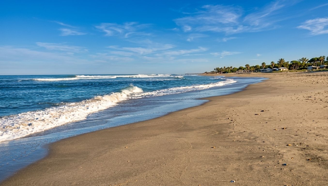 Sandy beach with waves under a blue sky