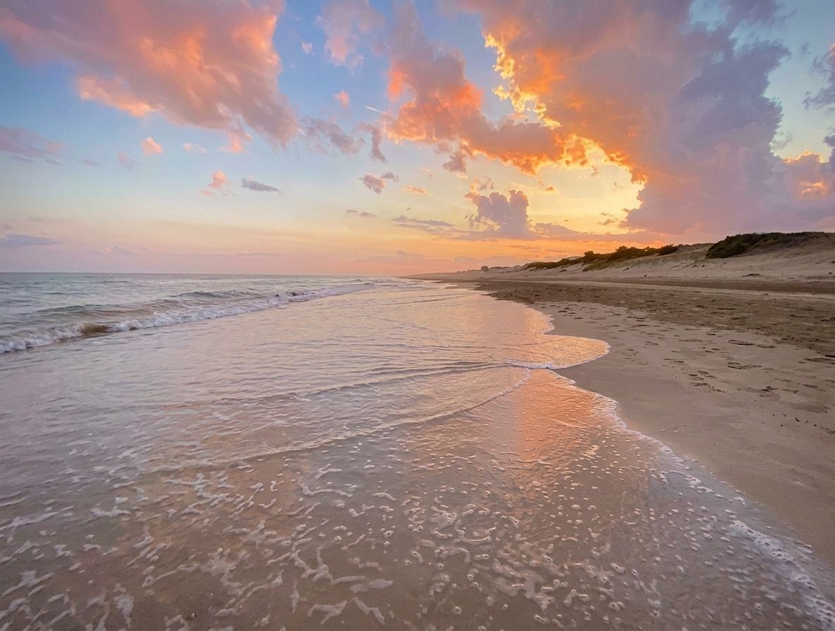 Shoreline at sunset with pink and golden clouds